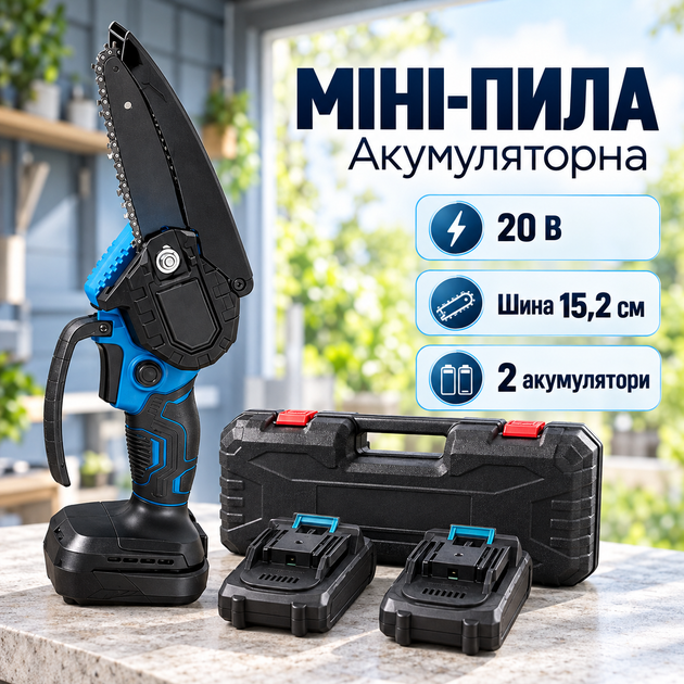 Аккумуляторная цепная мини-пила Electric SAW BLUE 6″ 20V/4Ah с кейсом и 2 аккумуляторами Садовая ручная электропила Мини-цепная пила для обрезки веток Аккумуляторная пилка для сада и дачи - изображение 5