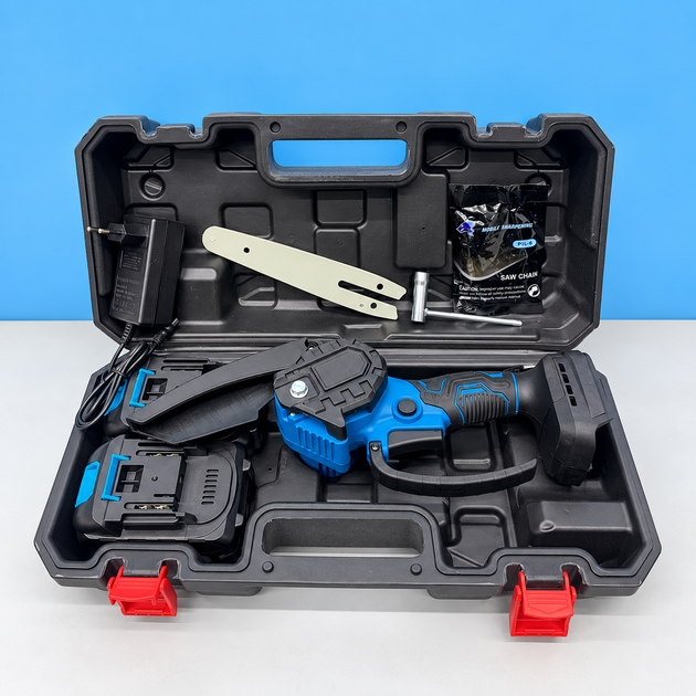 Аккумуляторная цепная мини-пила Electric SAW BLUE 6″ 20V/4Ah с кейсом и 2 аккумуляторами Садовая ручная электропила Мини-цепная пила для обрезки веток Аккумуляторная пилка для сада и дачи - изображение 6