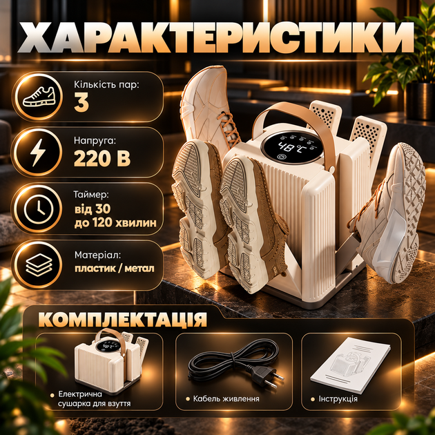 Сушарка для взуття AND 219, електросушарка на 3 пари з таймером від 30 до 120 хвилин, ультрафіолетом та антибактеріальним ефектом - зображення 4