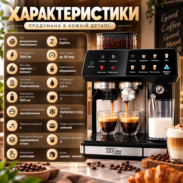 Автоматична кавомашина Zepline 1500 Вт 20 бар кавоварка з вбудованою кавомолкою капучинатором для зернової та меленої кави еспресо капучино лате - зображення 3