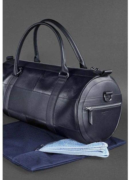 Чоловіча шкіряна дорожня сумка Harper (barrel bag) з натуральної шкіри Krast з ременем темно-синя 59750 - зображення 4