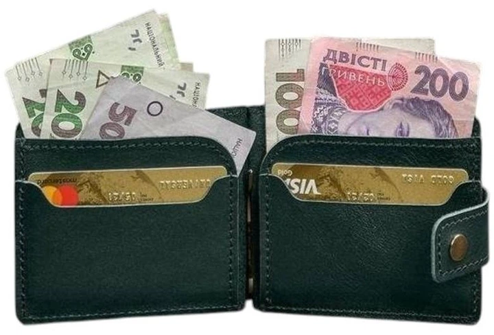 Шкіряний гаманець чоловічий з натуральної шкіри із затискачем для грошей, монетницею та хлястиком, компактний формат, зелений 60206 - зображення 3