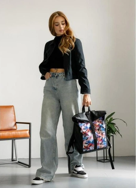 Женский городской рюкзак RollTop Sambag One Flowers для ноутбука до 16–17 дюймов из экокожи, черный с цветочным принтом 60566 - изображение 9
