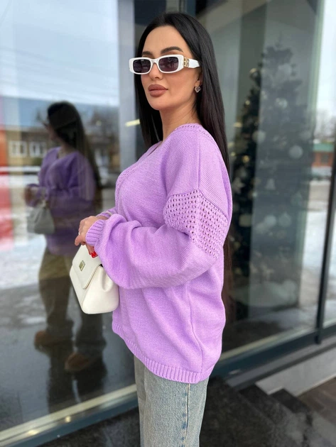 Жіночий вʼязаний тонкий ажурний джемпер ALINA, колір Бузок розмір One Size - Фото 6 Жіночий вʼязаний тонкий ажурний джемпер ALINA, колір Бузок розмір One Size - зображення 6