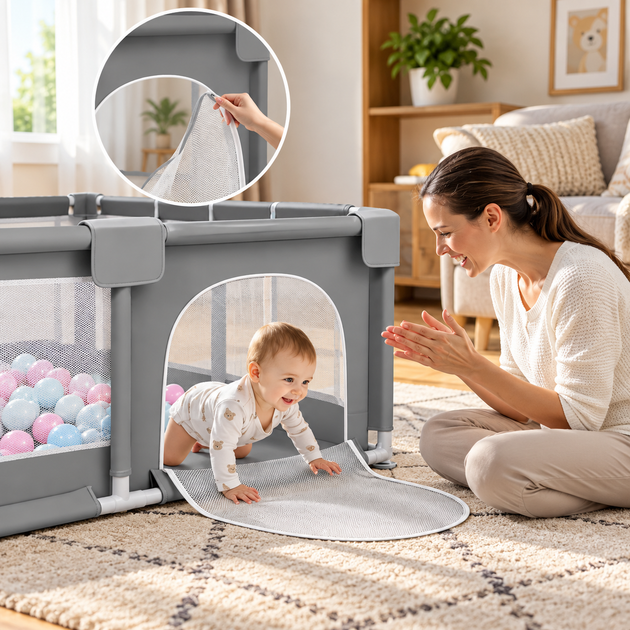 Детский складной манеж 120×120×60 см для игр с мягким дном сетчатыми стенками - изображение 4