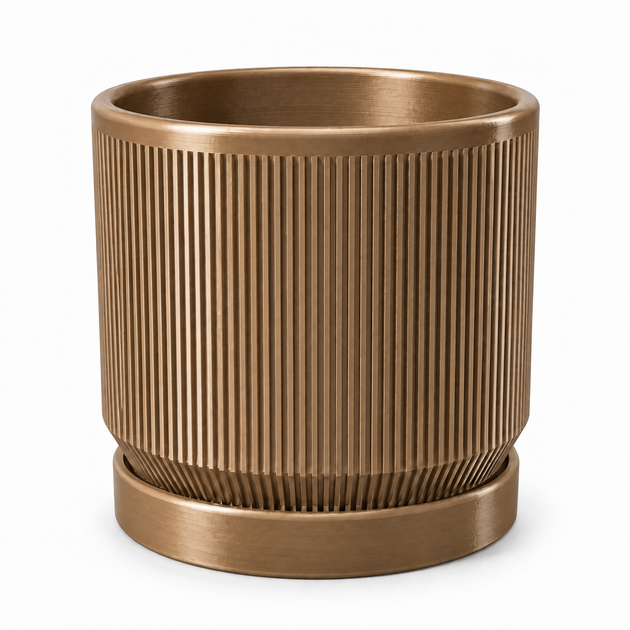 Кашпо для цветов с поддоном, ребристое, цвет бронзовый глянцевый, Ø11,6 × 10 см, 3D-печать - Фото 1 Кашпо для цветов с поддоном, ребристое, цвет бронзовый глянцевый, Ø11,6 × 10 см, 3D-печать - изображение 1