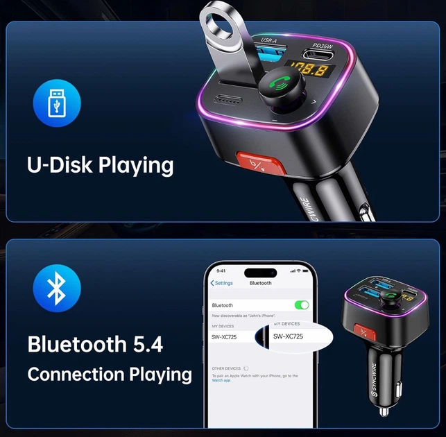 Автомобильный FM-трансмиттер SYNCWIRE SW-XC725 Bluetooth, USB-C 36W + USB-A 12W, 48W - изображение 5