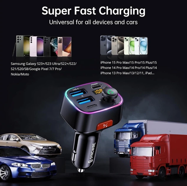 Автомобильный FM-трансмиттер SYNCWIRE SW-XC725 Bluetooth, USB-C 36W + USB-A 12W, 48W - изображение 7