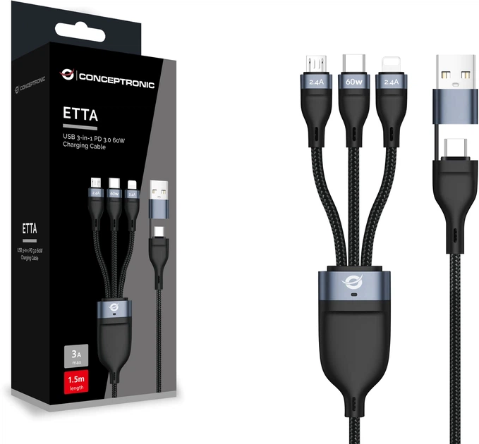 Кабель Conceptronic USB Type A/Type-C - Type-C/Micro-USB B/Lightning 60 W 1.5 m Black (ETTA05B15) - Фото 2 Кабель Conceptronic USB Type A/Type-C - Type-C/Micro-USB B/Lightning 60 W 1.5 m Black (ETTA05B15) - зображення 2