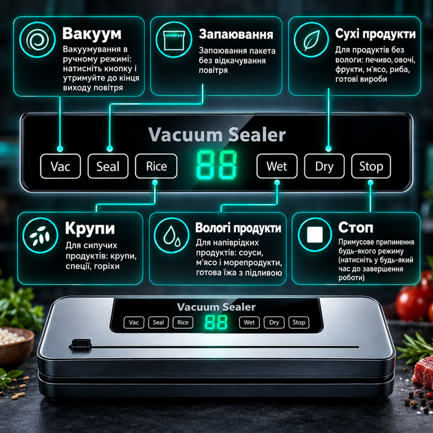 Вакууматор бытовой для сухих/влажных продуктов с УФ-стерилизацией дисплеем и резаком Vacuum Sealer 120 Вт автоматический вакуумный упаковщик + 5 пакетов - изображение 4