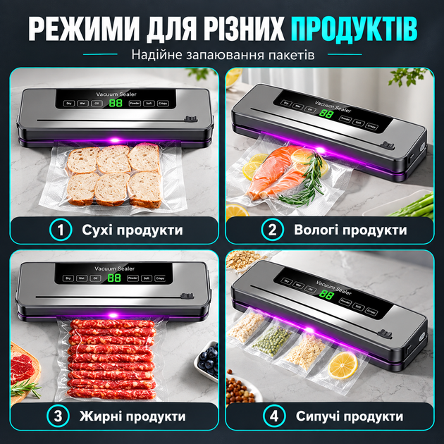 Вакууматор бытовой для сухих/влажных продуктов с УФ-стерилизацией дисплеем и резаком Vacuum Sealer 120 Вт автоматический вакуумный упаковщик + 5 пакетов - изображение 6