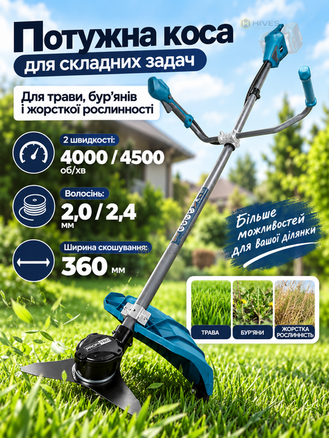 Комплект аккумуляторная коса 40 В + ножницы-кусторез для травы и кустов, 2 АКБ 4 Ач, зарядка, чем 255 мм, леска, диск - изображение 4