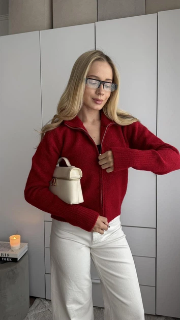 Женская кофта однотонная красная зип классическая Oversize (405281) - Фото 2 Женская кофта однотонная красная зип классическая Oversize (405281) - изображение 2