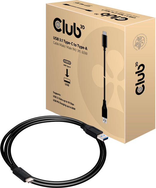 Кабель Club 3D USB-A - USB-C TO 3.2 Gen 1 3.1 Gen 1 60W 1 м Black (CAC-1523) - зображення 3