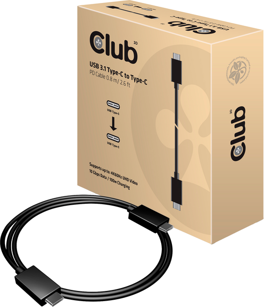 Кабель Club 3D USB-C - USB-C USB 3.2 Gen 2/3.1 Gen 2 100W 1 м Black (CAC-1522) - зображення 2