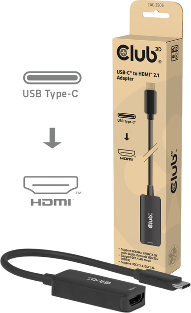 Adapter Club3D USB Type C - HDMI 2.1 Black (8719214473815) - obraz 2