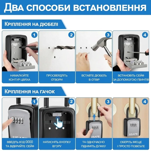 Подвесной металлический мини-сейф для ключей uSafe KS-05s с паролем и крючком Черный - изображение 5