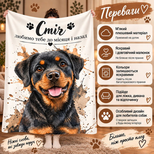 Плед с портретом собаки по фото на заказ, персональный фотоплед с надписью 80×100 см - изображение 2