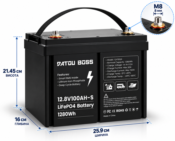 Аккумулятор LiFePO4 100Ah 12V BMS (литий-железо-фосфатный) DatouBoss - изображение 2