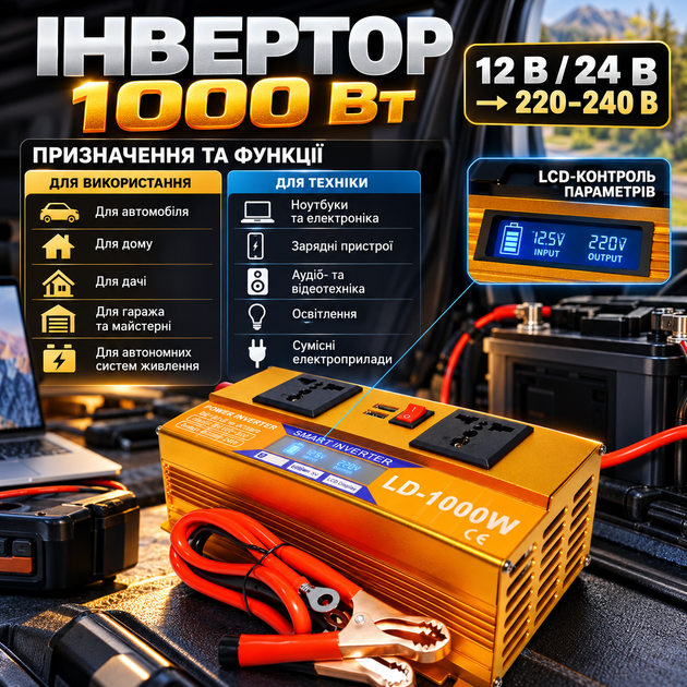 Инвертор автомобильный UKC 1000 Вт преобразователь напряжения 12 В 24 В на 220 240 В Power Inverter с LCD дисплеем 50 Гц автономное резервное питание для дома авто дачи гаража мастерской - Фото 3 Инвертор автомобильный UKC 1000 Вт преобразователь напряжения 12 В 24 В на 220 240 В Power Inverter с LCD дисплеем 50 Гц автономное резервное питание для дома авто дачи гаража мастерской - изображение 3