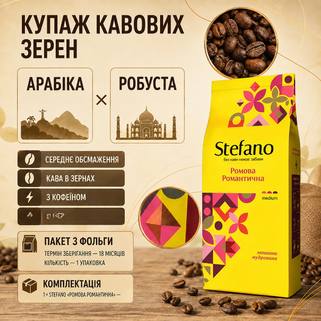 Кава в зернах Stefano Ромова Романтична 910 г зернова середнього обсмаження купаж арабіки робусти з ароматом кубинського рому карамелі ванілі сухофруктів вершковим післясмаком - Фото 3 Кава в зернах Stefano Ромова Романтична 910 г зернова середнього обсмаження купаж арабіки робусти з ароматом кубинського рому карамелі ванілі сухофруктів вершковим післясмаком - зображення 3