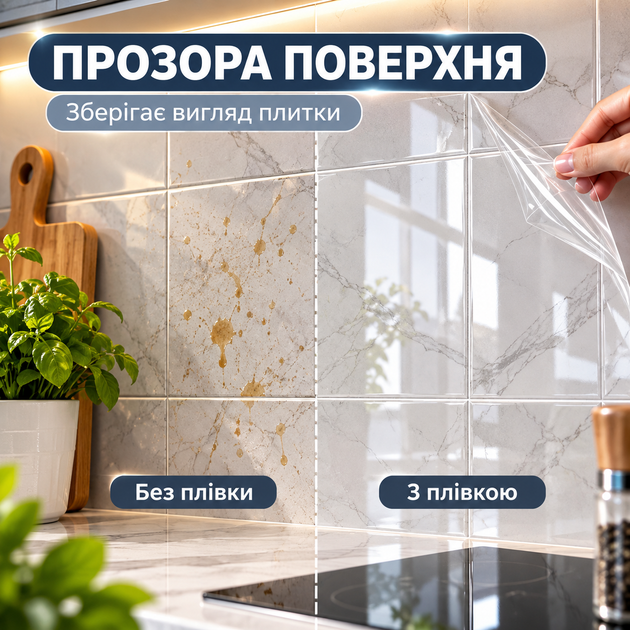 Прозора самоклейна захисна плівка для кухні 3м×60см для меблів стін кухонних поверхонь побутової техніки вологостійка від жиру бризок плям бруду подряпин - зображення 4