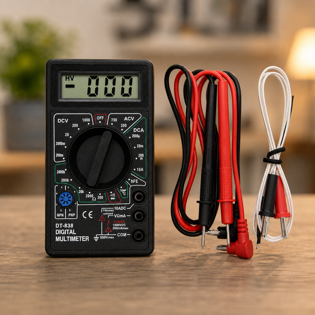 Цифровой мультиметр DT-838 с LCD-дисплеем, звуковым звонком и измерением температуры - Фото 1 Цифровой мультиметр DT-838 с LCD-дисплеем, звуковым звонком и измерением температуры - изображение 1