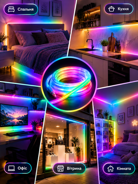 Неоновая LED лента 5 метров RGB с управлением телефона гибкая подсветка Neon Rope Light Bluetooth USB IP68 LONGITUD - изображение 2