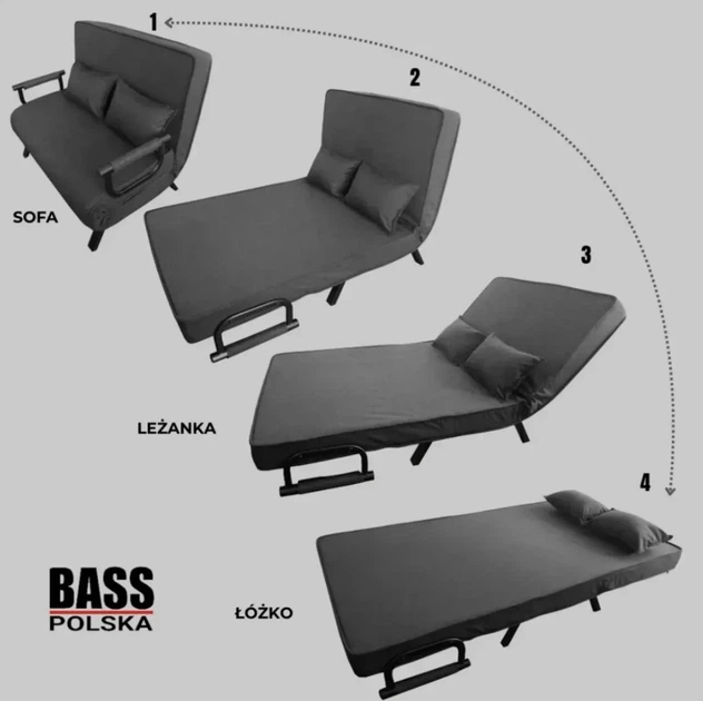 Двухместное кресло-кровать 3-в-1 черный Bass Polska BH раскладной диван, кушетка металлический каркас для отдыха - изображение 11