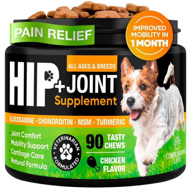 Жувальна добавка для суглобів собак Commanding Life Hip + Joint з глюкозаміном, хондроїтином та MSM, смак курки, 90 шт - Фото 1 Жувальна добавка для суглобів собак Commanding Life Hip + Joint з глюкозаміном, хондроїтином та MSM, смак курки, 90 шт - изображение 1