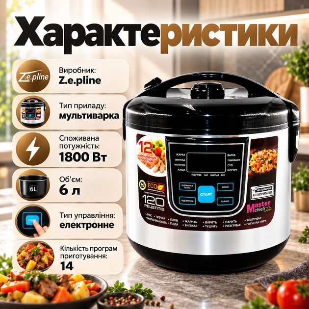 Мультиварка Z.e.pline 1800 Вт 6 л 14 программ Электронное управление Тефлоновое покрытие Инфракрасный нагрев - Фото 4 Мультиварка Z.e.pline 1800 Вт 6 л 14 программ Электронное управление Тефлоновое покрытие Инфракрасный нагрев - изображение 4