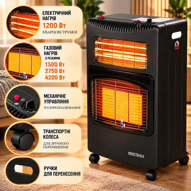 Газовый обогреватель Kraft&Dele KD6531 1500/2750/4200 Вт с пьезозажиганием Инфракрасный газово-электрический обогреватель на колесах - изображение 2