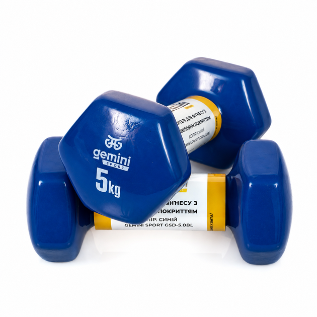 Гантели для фитнеса Gemini Sport с виниловым покрытием 2×5 кг GSD-5.0BL - Фото 1 Гантели для фитнеса Gemini Sport с виниловым покрытием 2×5 кг GSD-5.0BL - изображение 1