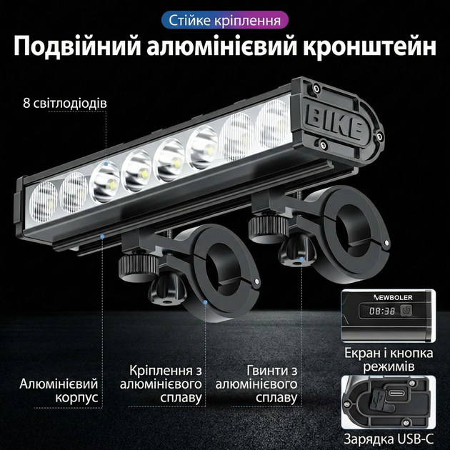 Велофара NEWBOLER LIG010 с аккумулятором 10000 mAh, 8 светодиодов P9, 10000 Lumen, дисплей, PowerBank, IPX5 - изображение 8
