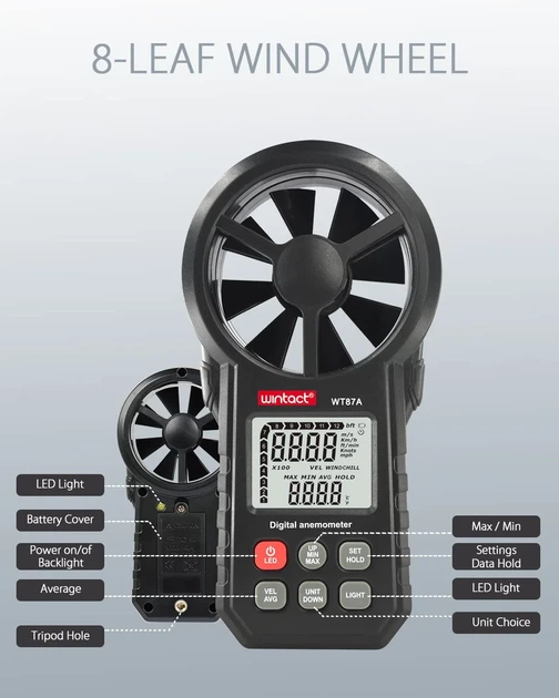 Крильчатий Анемометр 0.3-30 м/с, -10-45°C WINTACT WT87A - изображение 7