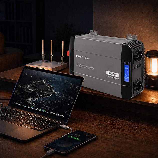 Инвертор 12В-230В 1500/3000Вт LCD-дисплей | USB | USB-C с чистой синусоидой Qoltec - Фото 9 Инвертор 12В-230В 1500/3000Вт LCD-дисплей | USB | USB-C с чистой синусоидой Qoltec - изображение 9