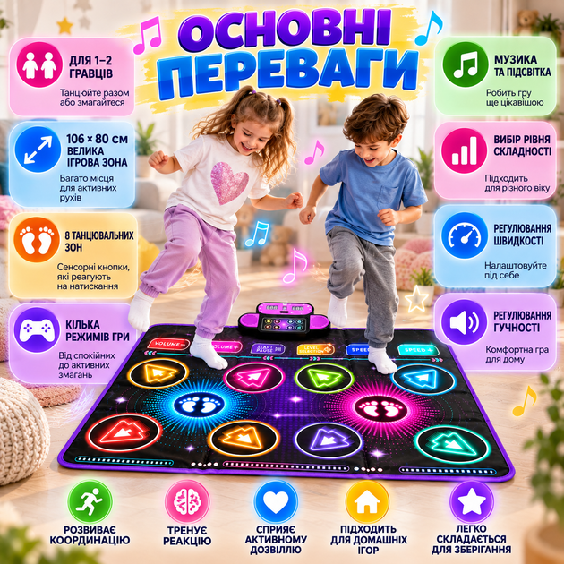 Музыкальный танцевальный коврик Show Time для двоих детей от 3 лет 106×80 см с музыкой и световыми эффектами - Фото 4 Музыкальный танцевальный коврик Show Time для двоих детей от 3 лет 106×80 см с музыкой и световыми эффектами - изображение 4