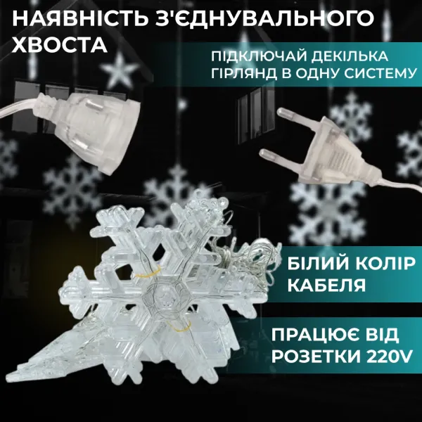 Гірлянда-штора Зірки та сніжинки розмір 3*1 м 12 фігур, білий(1733064W)(PR) - Фото 2 Гірлянда-штора Зірки та сніжинки розмір 3*1 м 12 фігур, білий(1733064W)(PR) - изображение 2