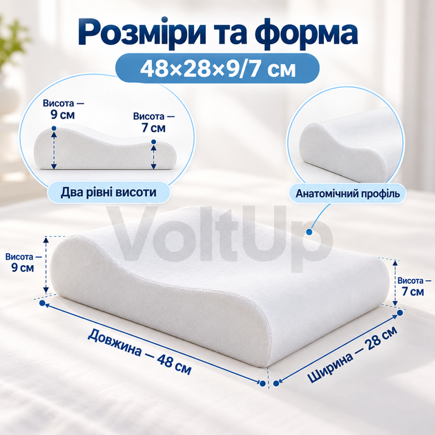 Ортопедическая анатомическая подушка Memory Pillow 48×28×9/7 см с эффектом памяти и съемной хлопковой наволочкой - изображение 5