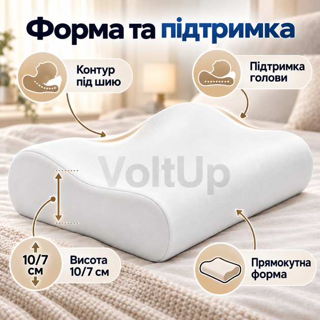Ортопедична подушка Memory Pillow 50×29×10/7 см з ефектом пам’яті та знімною бавовняною наволочкою біла - Фото 2 Ортопедична подушка Memory Pillow 50×29×10/7 см з ефектом пам’яті та знімною бавовняною наволочкою біла - зображення 2