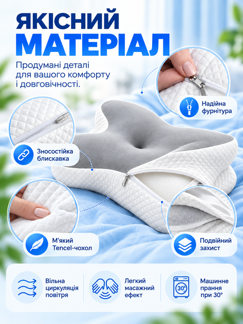 Ортопедична подушка-метелик 62×40 см анатомічна ергономічна з зонами для рук і підтримкою шиї та плечей, м’яка гіпоалергенна - зображення 5