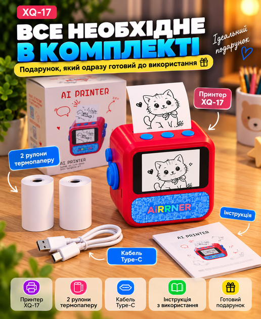 Дитячий термопринтер UKC XQ-17 з ШІ та українським озвучуванням, Tiny Print, Bluetooth/Wi-Fi, 2 рулони паперу - Фото 3 Дитячий термопринтер UKC XQ-17 з ШІ та українським озвучуванням, Tiny Print, Bluetooth/Wi-Fi, 2 рулони паперу - зображення 3