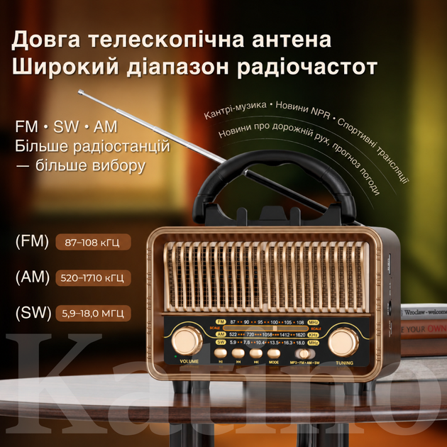 Радіоприймач портативний Коричневий Bluetooth 5.4 FM/AM/SW, USB/TF Акумуляторний з підставкою для телефону (20016) - изображение 2