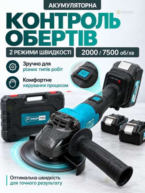 Аккумуляторная болгарка 125 мм 20 В бесщеточная, 2 АКБ 4 А·ч, регулировка оборотов, плавный пуск, зарядное устройство, кейс для хранения - изображение 3
