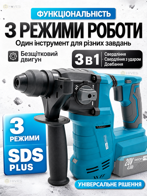 Аккумуляторный перфоратор 20 В безщеточный SDS-Plus 2,5 Дж, 2 аккумулятора 4 Ач, 3 режима, зарядное устройство, кейс для бетона и ремонта - изображение 3