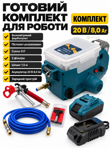 Аккумуляторный безвоздушный краскопульт 20 В 140 бар 1,1 л/мин, бак 1,7 л, сопло 517, АКБ 8 Ач, зарядное устройство, для стен, фасадов и древесины - изображение 5