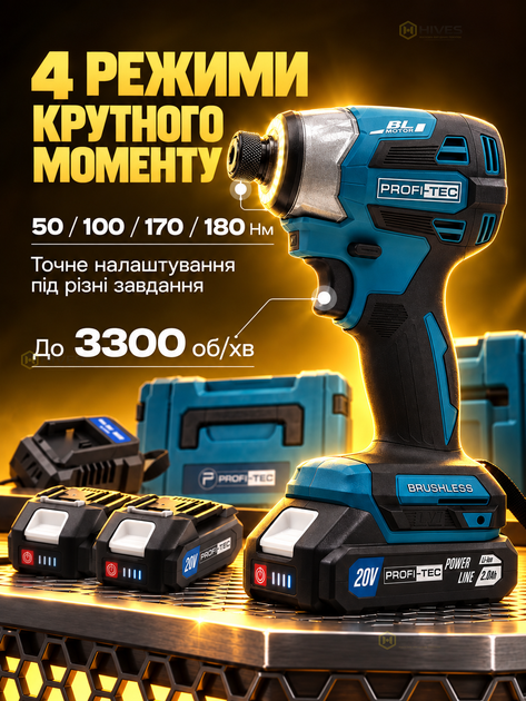 Аккумуляторный импульсный винтоверт 20 В 180 Нм, бесщеточный, 2 аккумулятора 2 Ач, 4 режима, HEX 1/4”, LED-подсветка, реверс, кейс - изображение 2