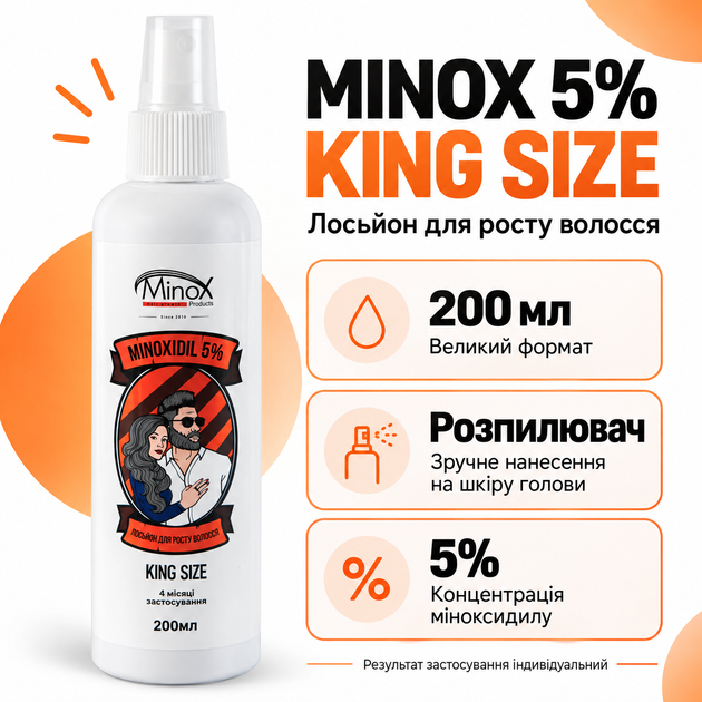 Лосьон для роста волос Minox 5% King Size мужской, 200 мл - Фото 3 Лосьон для роста волос Minox 5% King Size мужской, 200 мл - изображение 3