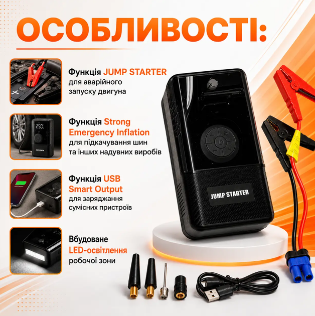 Автомобільний пусковий пристрій 965A 4 в 1 для акумулятора 12 В Портативний бустер Jump Starter з повітряним компресором 150 PSI для накачування шин, зовнішнім акумулятором Power Bank і LED-ліхтарем - зображення 2