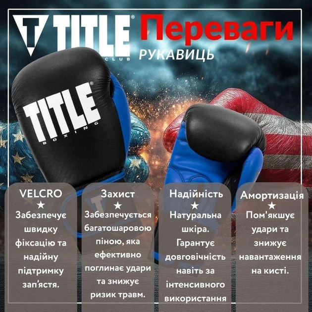 Боксерские перчатки TITLE натуральная кожа 16 oz черные синие - изображение 3